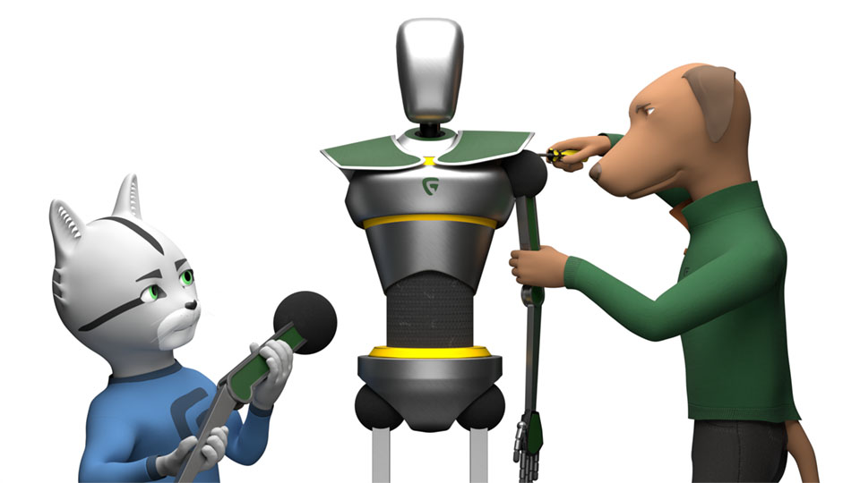 Lou and Zurich, two cartoon animal characters, assembling a metal robot.